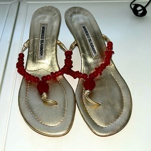 Manolo Blahnik gold thong sandals with red stone beads.  Size 36 1/2 (6.5)